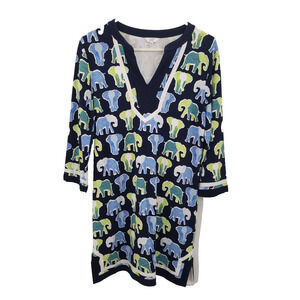 Crown & Ivy Elephant Print Knit Shift Dress Womens Medium Blue Green White